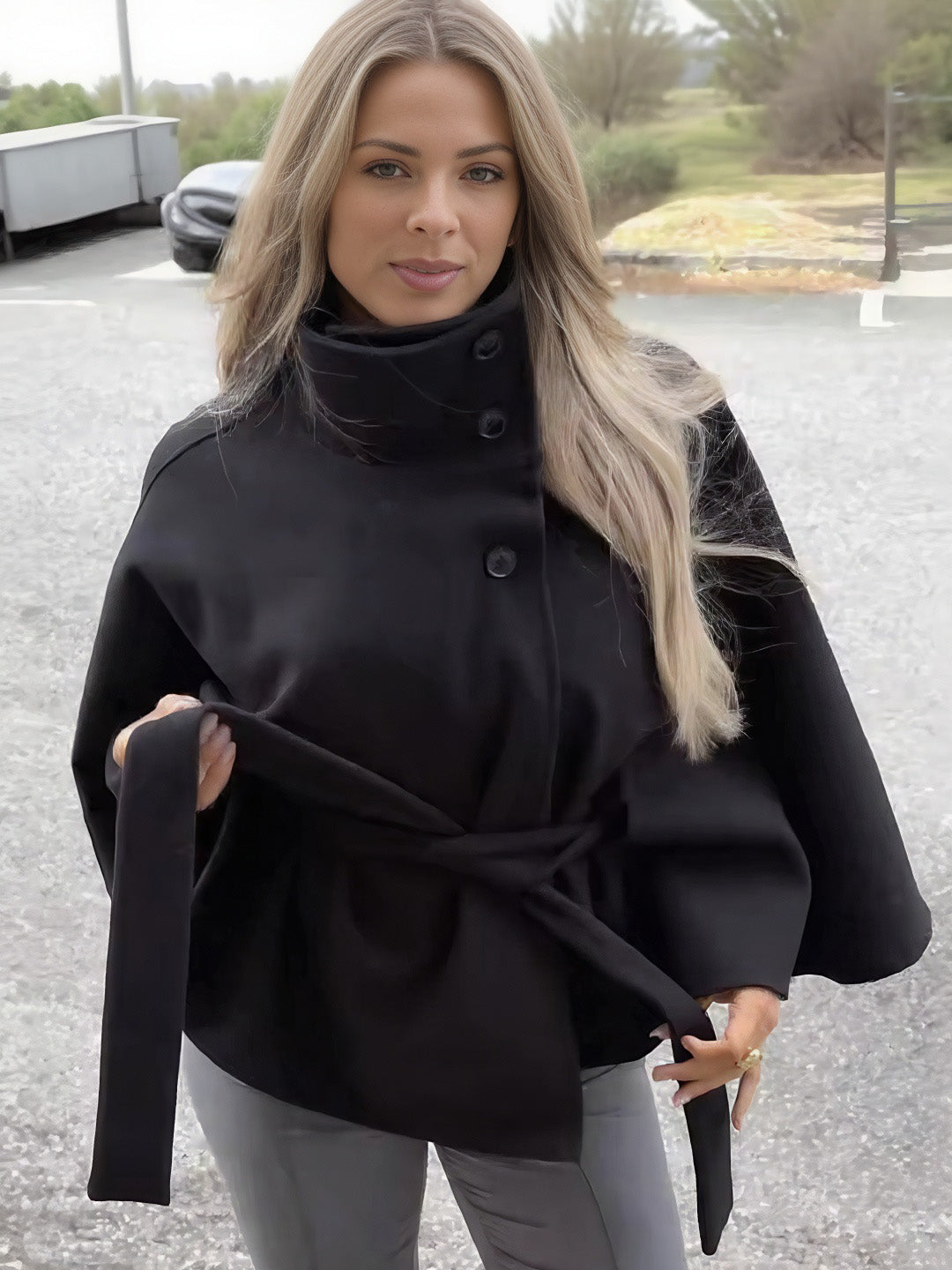 Cocolii court poncho manteau femme boutonnage ceinture col montant manches cape décontracté ample manteau cape