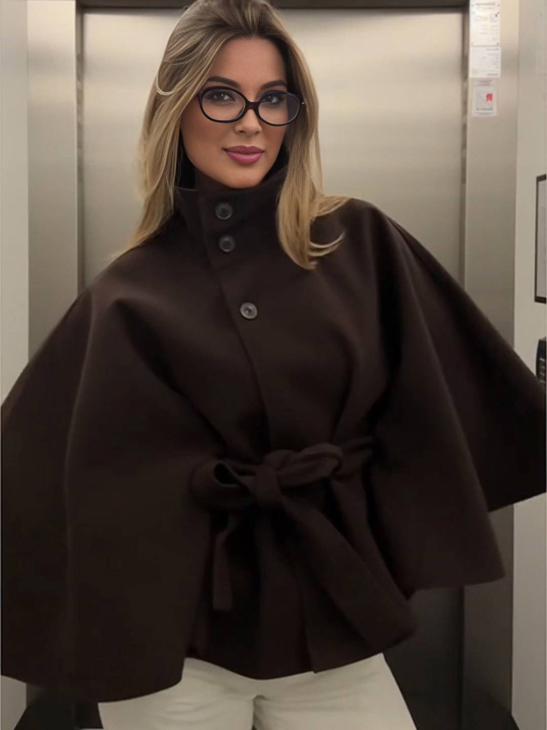 Cocolii court poncho manteau femme boutonnage ceinture col montant manches cape décontracté ample manteau cape