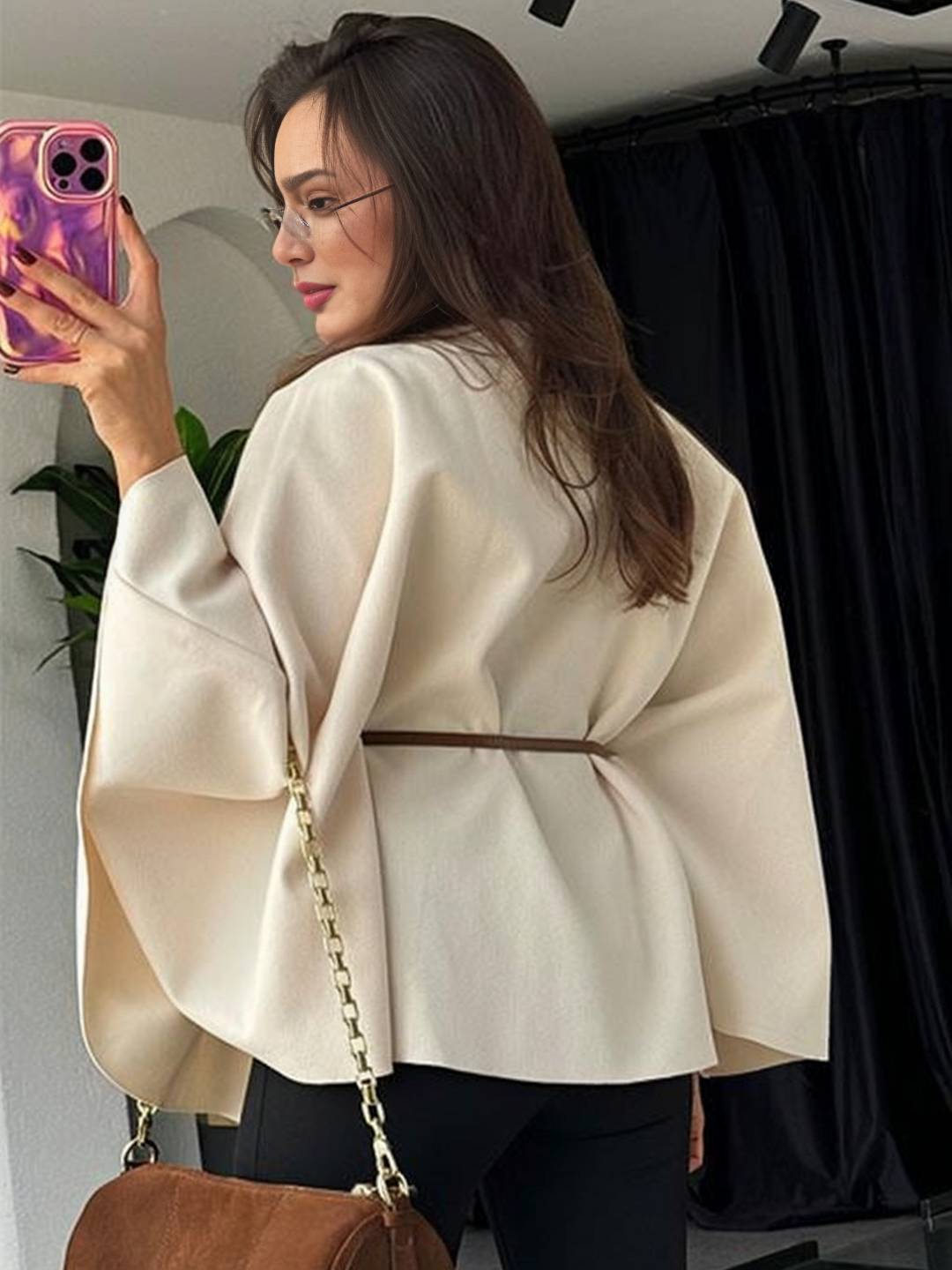 Cocolii court poncho manteau femme veste cape ceinture col montant manches longues oversized décontracté vintage blouson