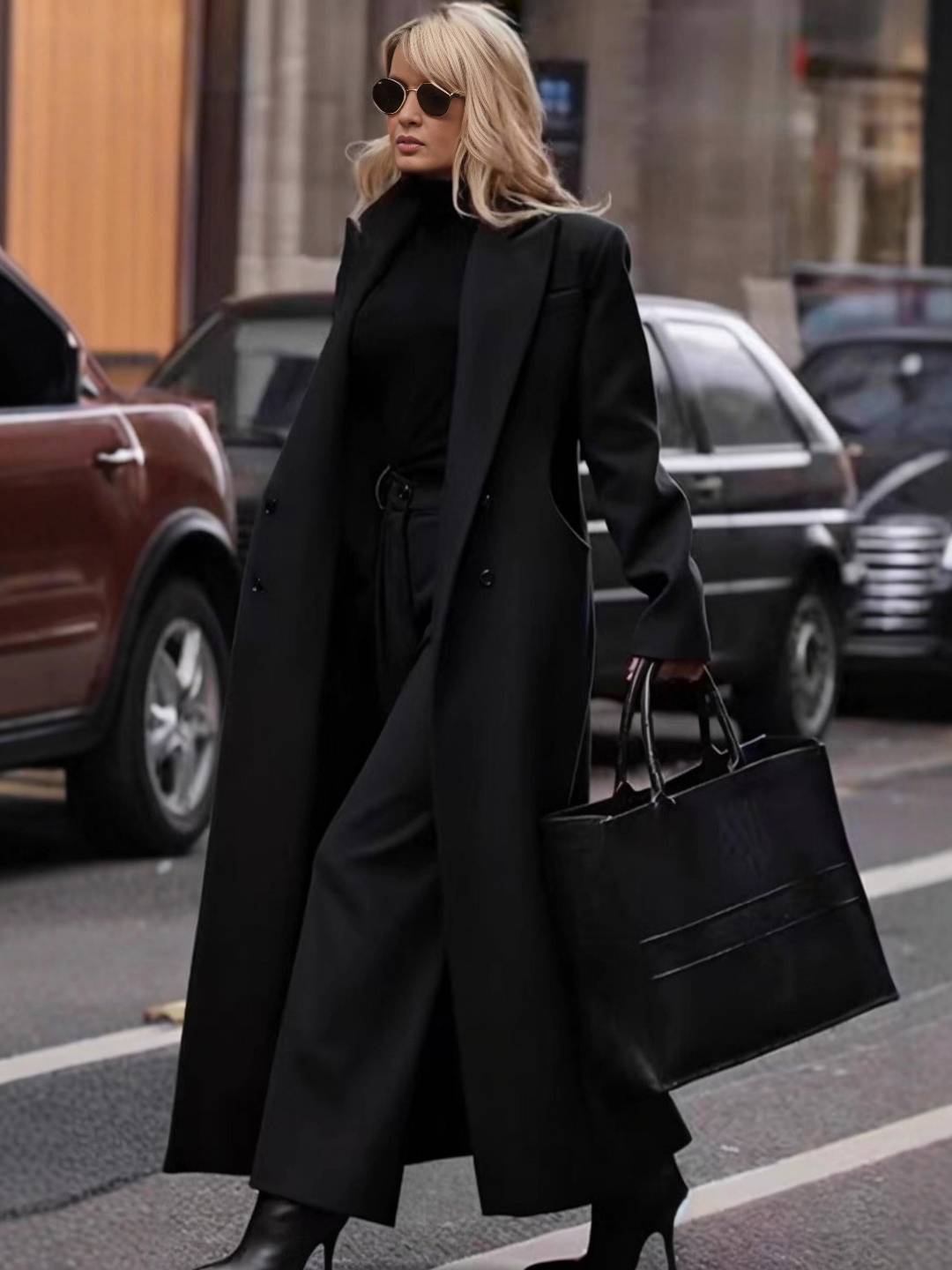 Cocolii manteau long cheville femme double boutonnage col revers manches longues élégant vintage droite veste