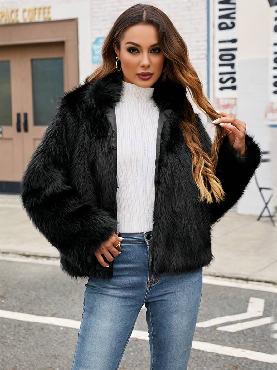 Cocolii manteau en fausse fourrure unicolore col montant poches manches longues femme élégant décontracté hiver veste