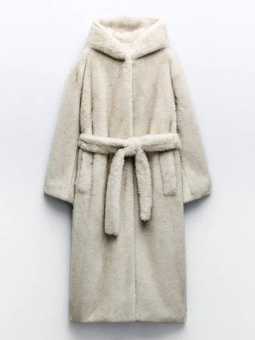 Cocolii longue manteau en fausse fourrure ceinture poches femme élégant décontracté oversized hiver veste