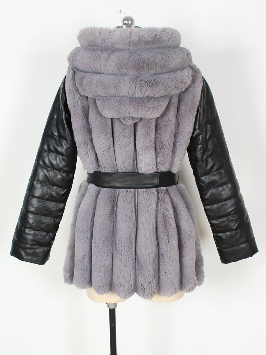 Cocolii mi-longue manteau en fausse fourrure à capuche fermeture éclair poches ceinture femme hiver veste décontracté ample