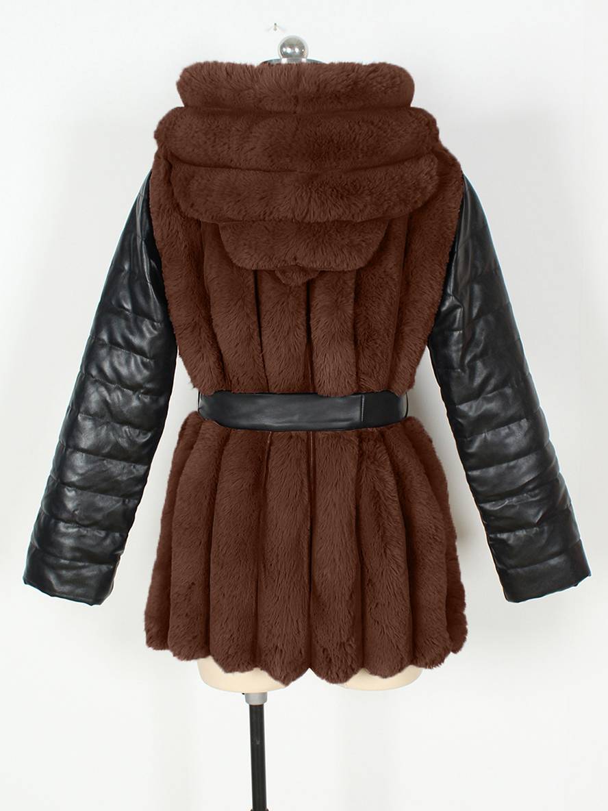Cocolii mi-longue manteau en fausse fourrure à capuche fermeture éclair poches ceinture femme hiver veste décontracté ample