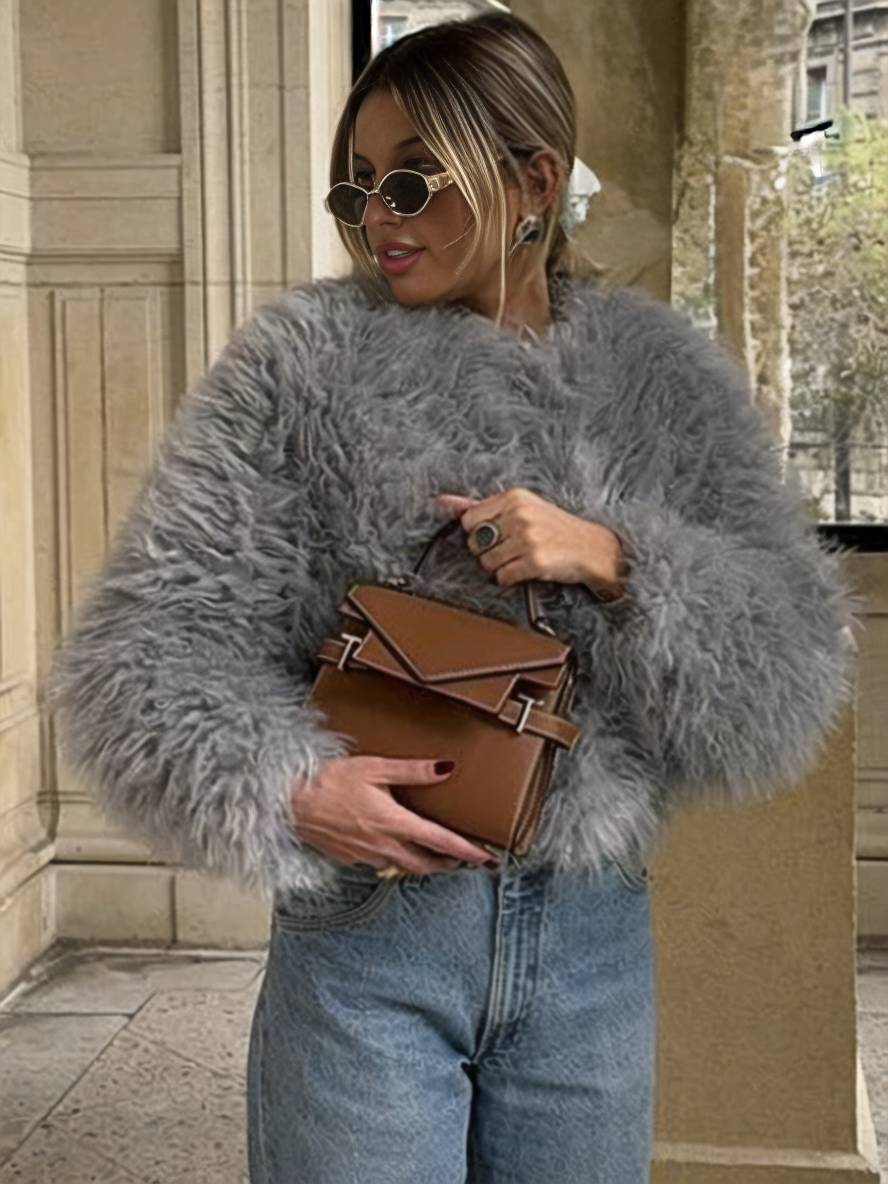 Cocolii court manteau en fausse fourrure col rond manches longues femme élégant décontracté casual hiver veste