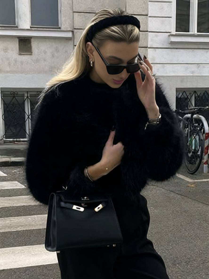 Cocolii court manteau en fausse fourrure unicolore col rond manches longues femme élégant décontracté veste