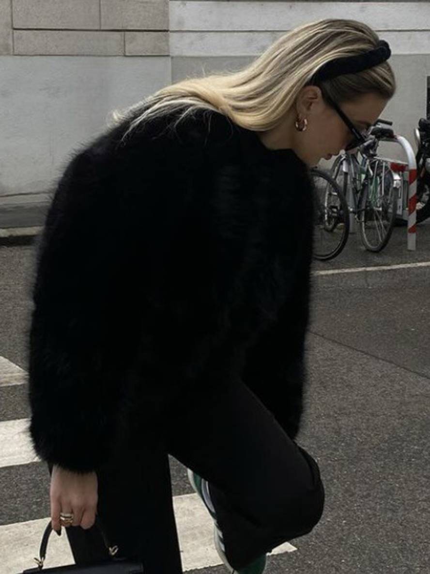 Cocolii court manteau en fausse fourrure unicolore col rond manches longues femme élégant décontracté veste