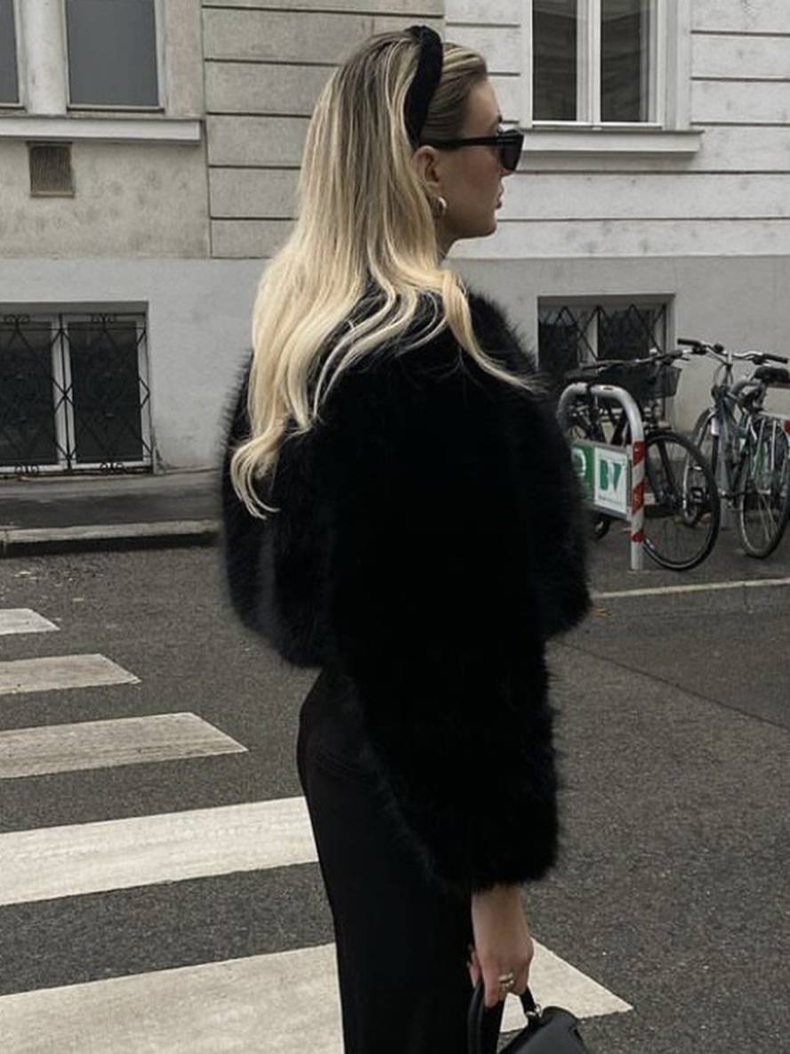 Cocolii court manteau en fausse fourrure unicolore col rond manches longues femme élégant décontracté veste