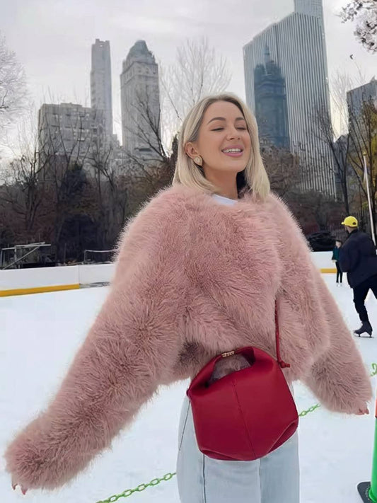 Cocolii court manteau en fausse fourrure unicolore col rond manches longues femme élégant décontracté veste