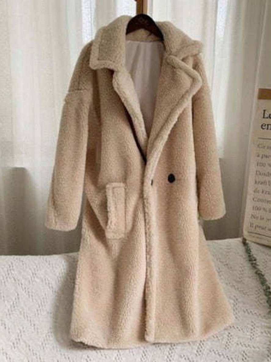 Cocolii longue manteau teddy coat boutons poches col revers femme mode ample oversized hiver veste