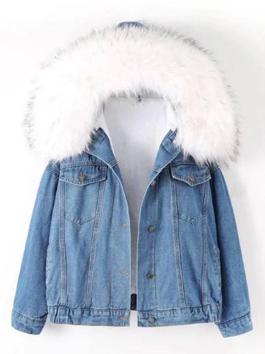Cocolii vestes en jean belly fausse fourrure doublé polaire capuche chic femme manteau bleu