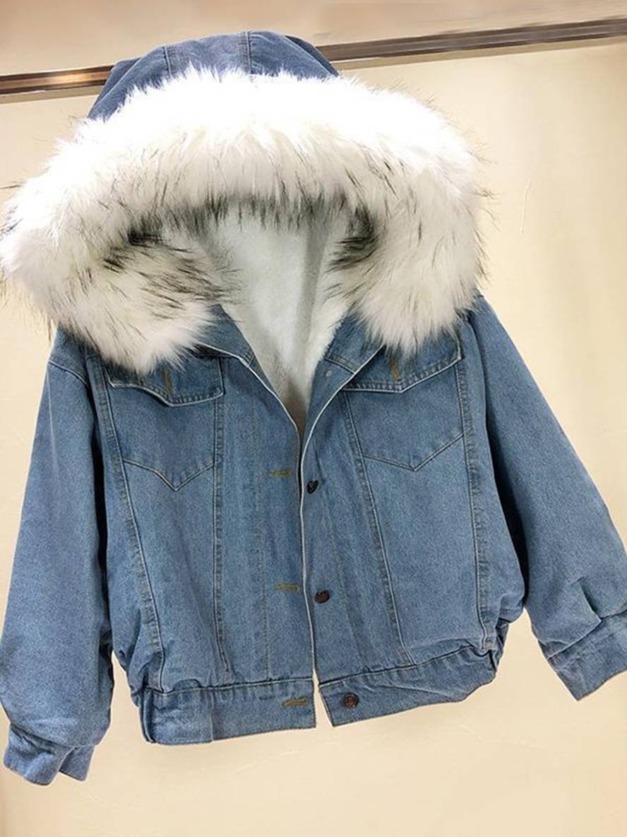 Cocolii vestes en jean belly fausse fourrure doublé polaire capuche chic femme manteau bleu