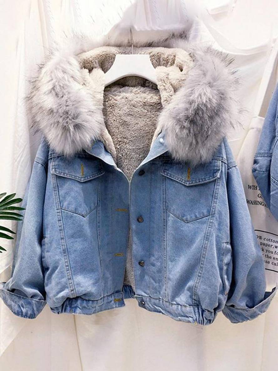 Cocolii vestes en jean belly fausse fourrure doublé polaire capuche chic femme manteau bleu