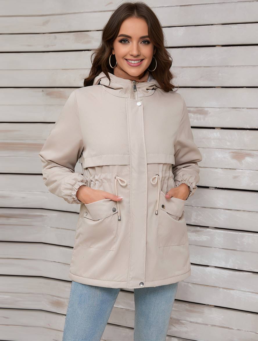 Cocolii mi-longue parka unicolore à capuche boutons poches fermeture éclair femme élégant décontracté manteau