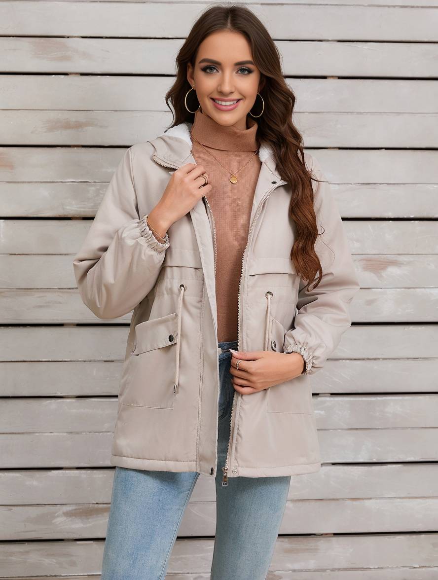Cocolii mi-longue parka unicolore à capuche boutons poches fermeture éclair femme élégant décontracté manteau