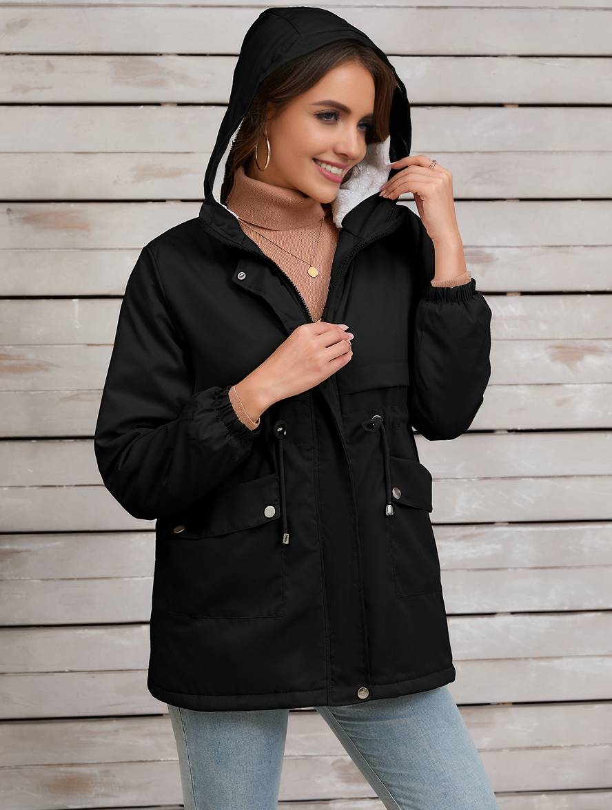 Cocolii mi-longue parka unicolore à capuche boutons poches fermeture éclair femme élégant décontracté manteau