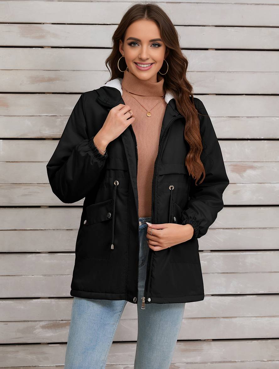 Cocolii mi-longue parka unicolore à capuche boutons poches fermeture éclair femme élégant décontracté manteau