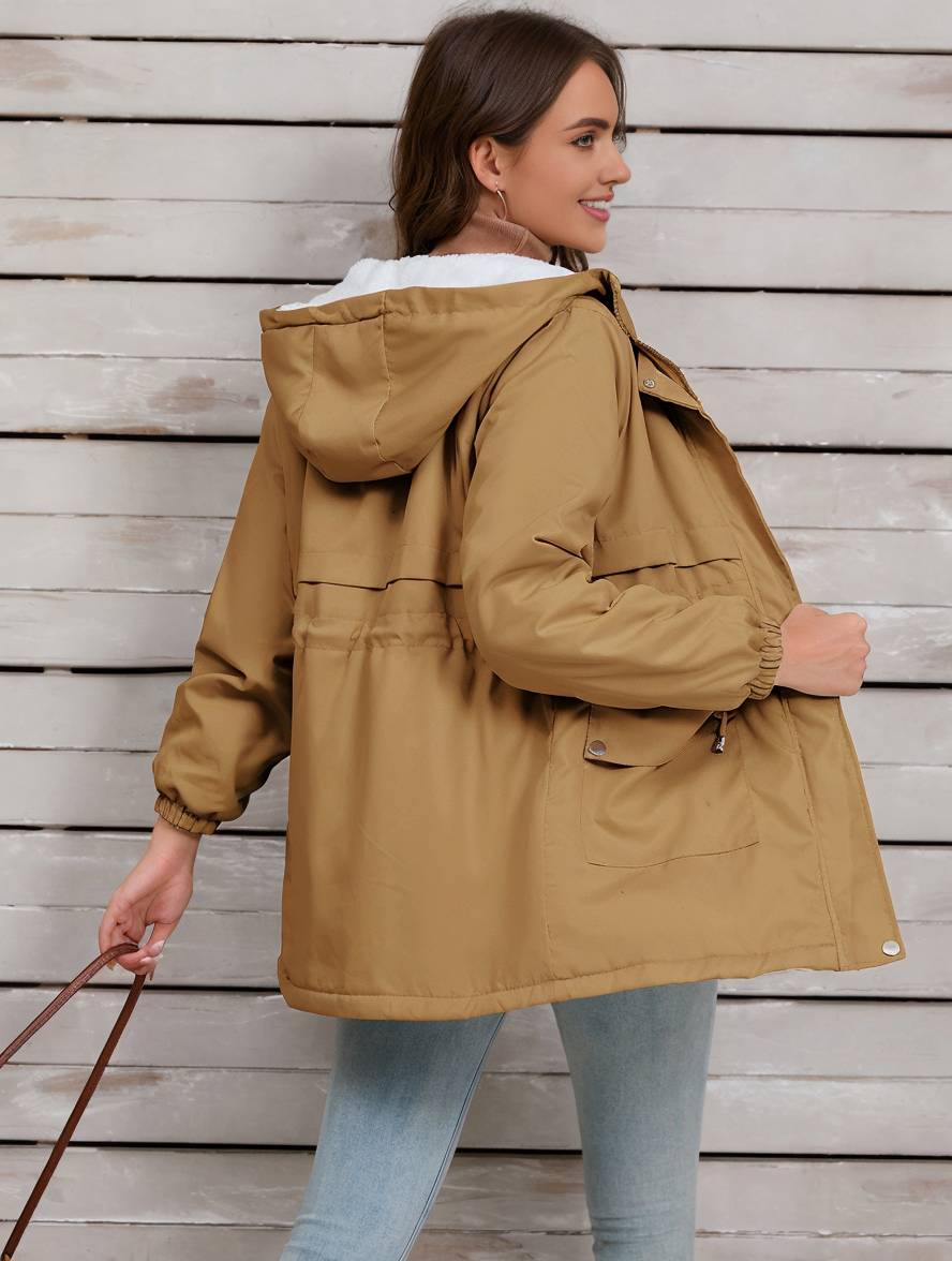 Cocolii mi-longue parka unicolore à capuche boutons poches fermeture éclair femme élégant décontracté manteau