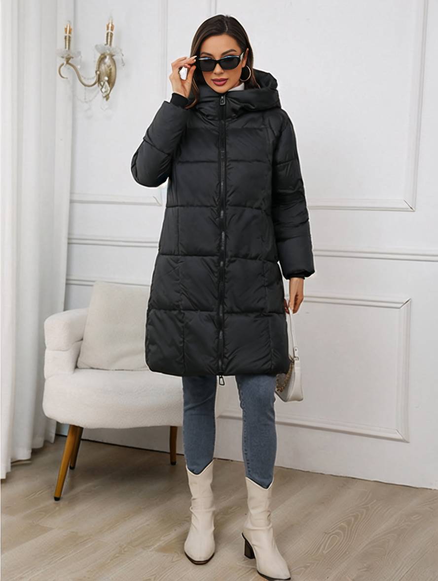 Cocolii mi-longue doudoune à capuche fermeture éclair poches manches longues femme décontracté ample hiver manteau