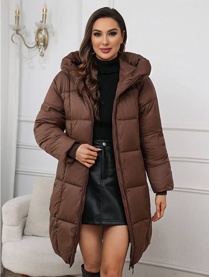 Cocolii mi-longue doudoune à capuche fermeture éclair poches manches longues femme décontracté ample hiver manteau