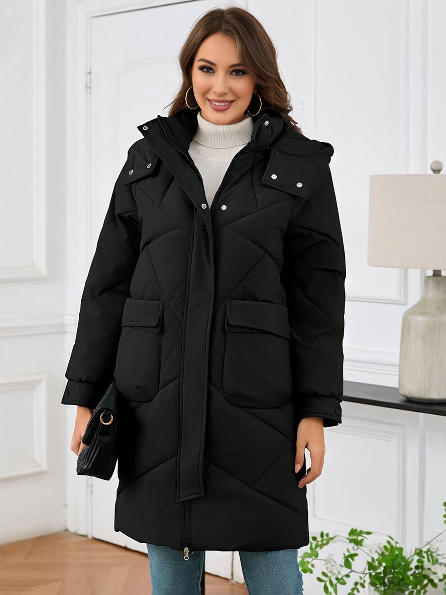 Cocolii mi-longue manteau doudoune unicolore à capuche boutonnage poches femme élégant décontracté oversized