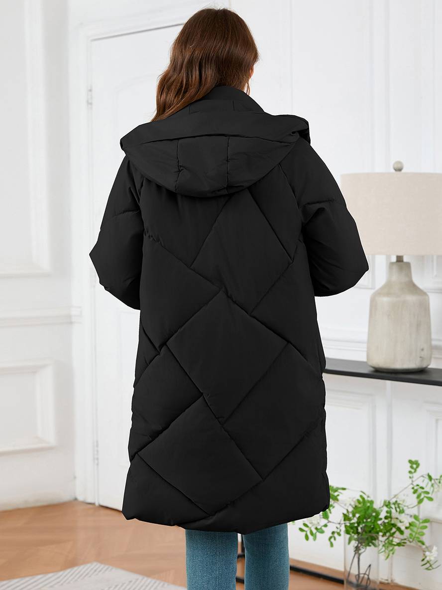 Cocolii mi-longue manteau doudoune unicolore à capuche boutonnage poches femme élégant décontracté oversized