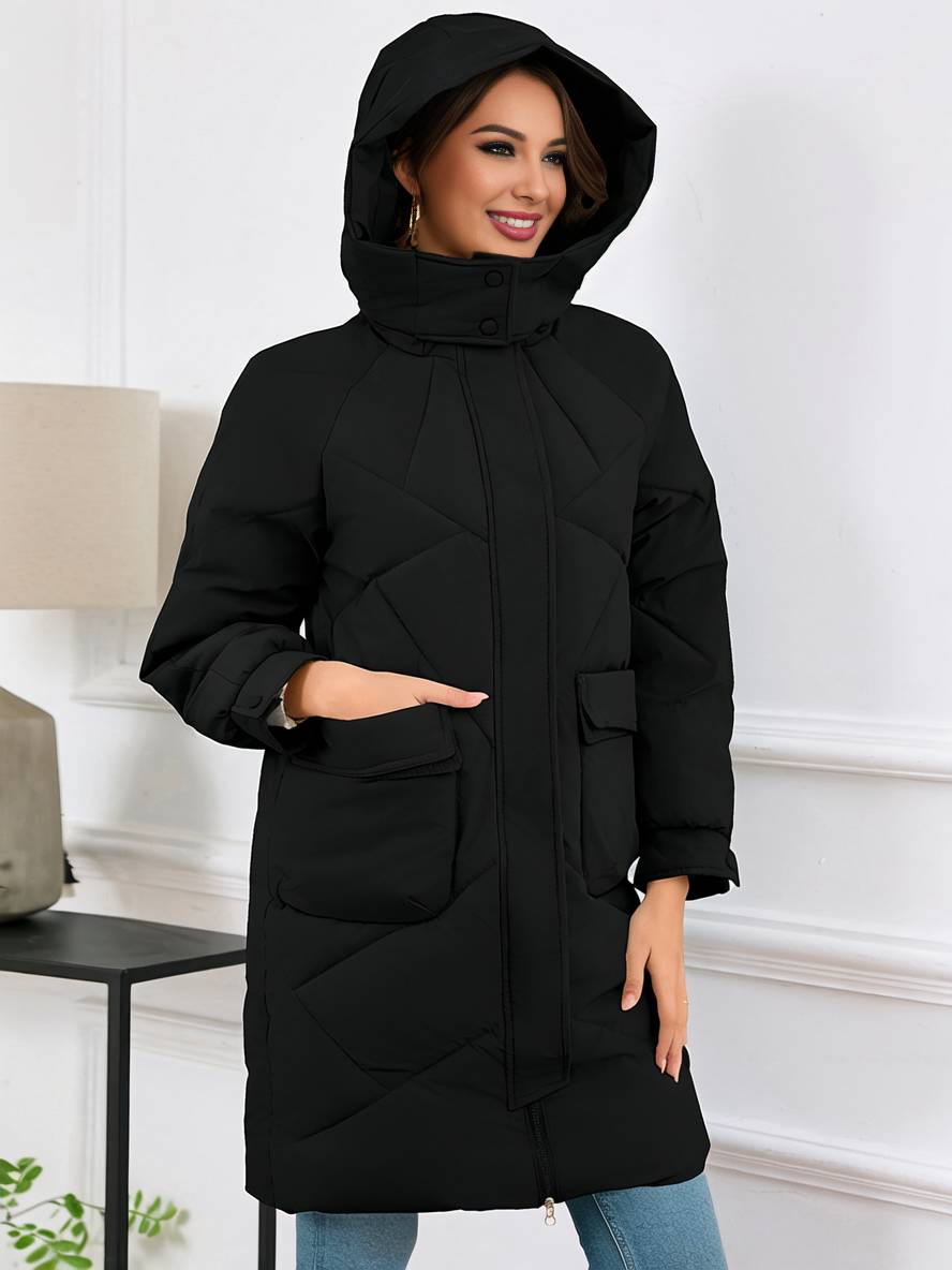 Cocolii mi-longue manteau doudoune unicolore à capuche boutonnage poches femme élégant décontracté oversized