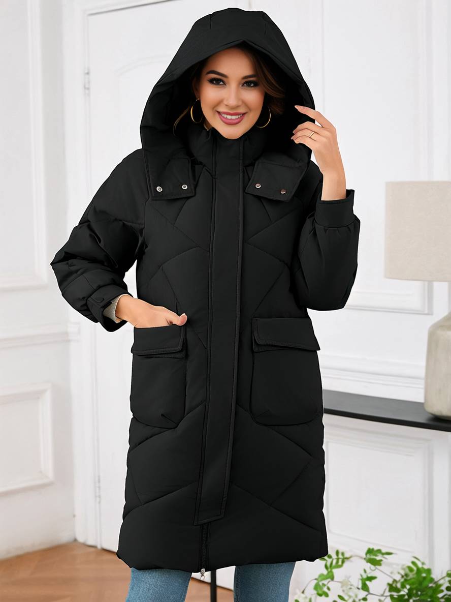 Cocolii mi-longue manteau doudoune unicolore à capuche boutonnage poches femme élégant décontracté oversized