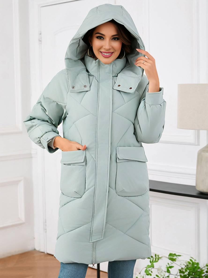 Cocolii mi-longue manteau doudoune unicolore à capuche boutonnage poches femme élégant décontracté oversized