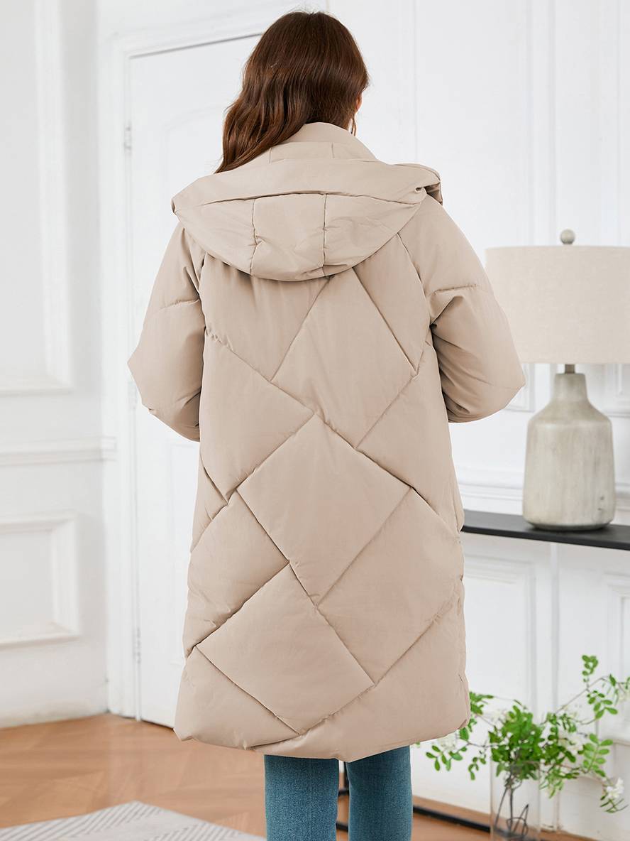 Cocolii mi-longue manteau doudoune unicolore à capuche boutonnage poches femme élégant décontracté oversized
