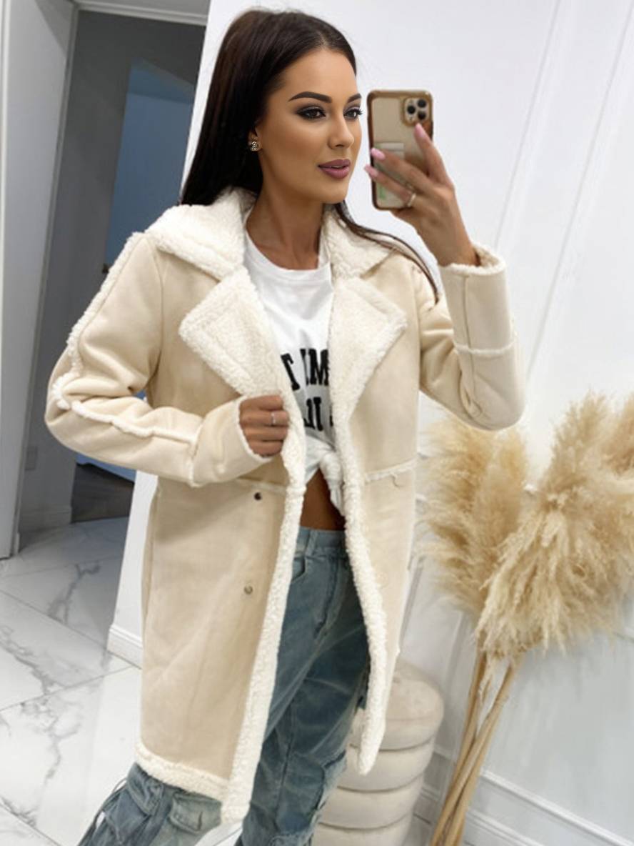 Cocolii mi-longue manteau aviateur en suedine intérieur polaire double boutonnage col revers femme oversized hiver veste