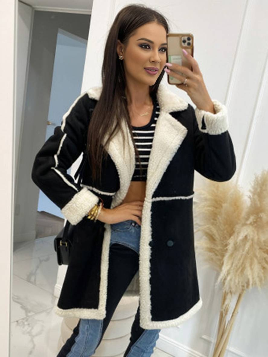 Cocolii mi-longue manteau aviateur en suedine intérieur polaire double boutonnage col revers femme oversized hiver veste