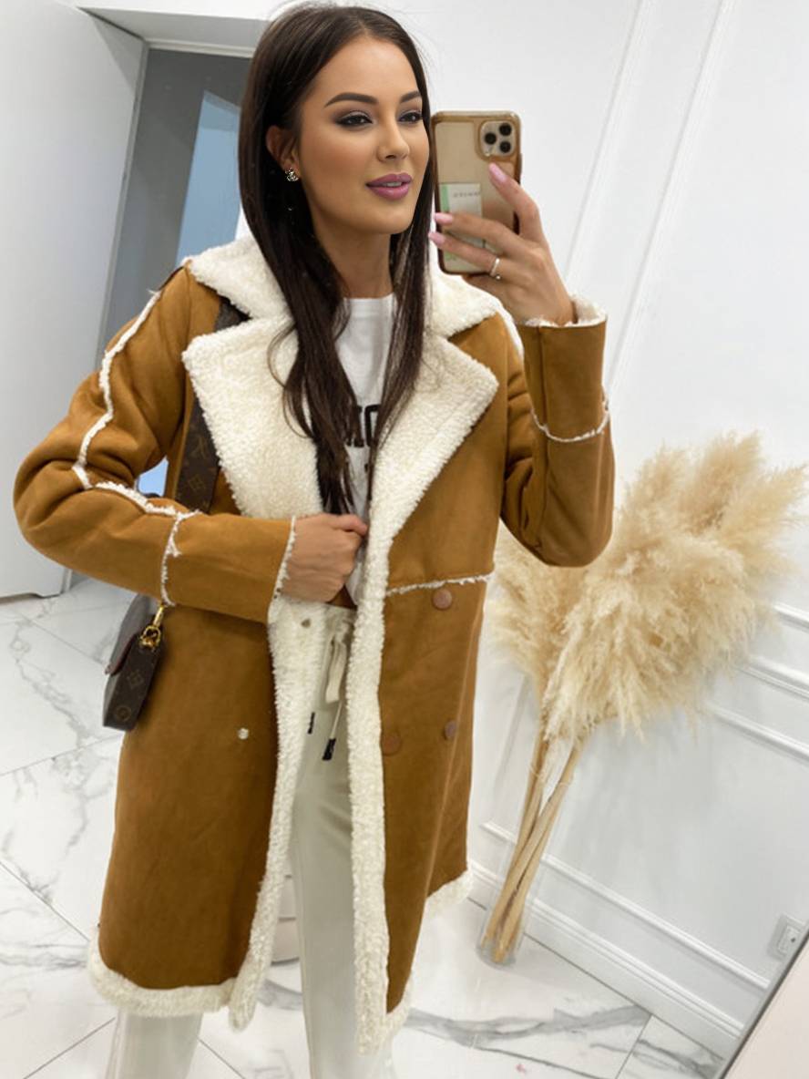 Cocolii mi-longue manteau aviateur en suedine intérieur polaire double boutonnage col revers femme oversized hiver veste