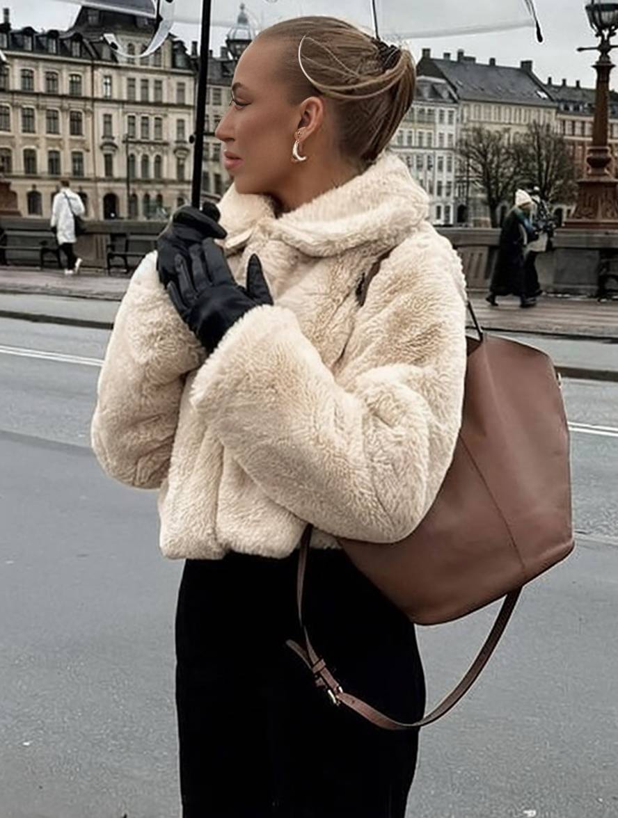 Cocolii court manteau polaire fermeture éclair col revers manches longues femme élégant écontracté mode veste