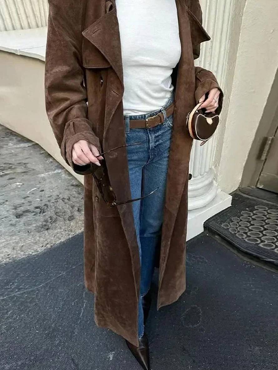 Cocolii longue manteau suedine double boutonnage ceinture col revers manches longues femme élégant décontracté ample veste