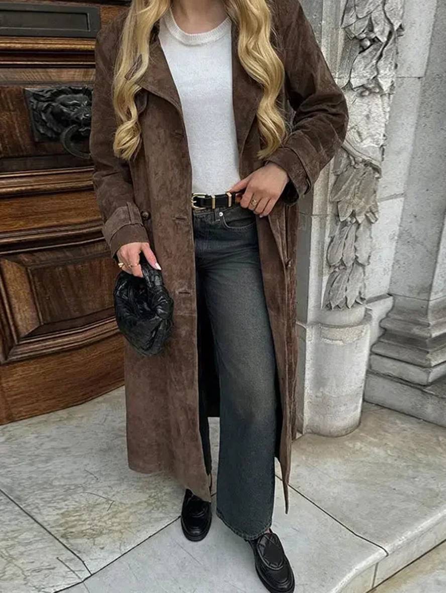 Cocolii longue manteau suedine double boutonnage ceinture col revers manches longues femme élégant décontracté ample veste