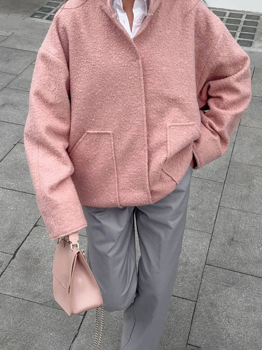 Cocolii court manteau unicolore polaire boutonnage poches col montant femme élégant décontracté doux veste