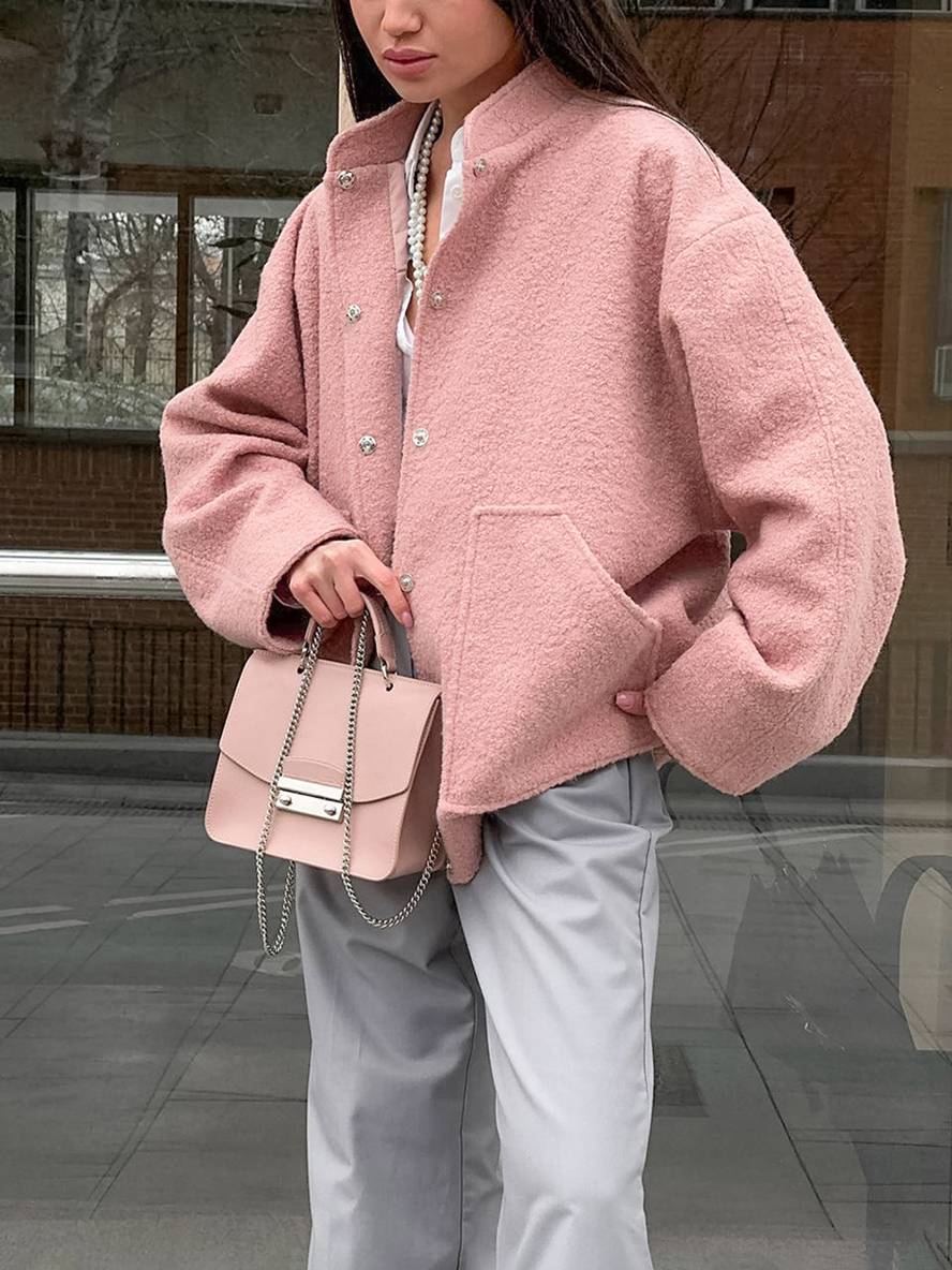 Cocolii court manteau unicolore polaire boutonnage poches col montant femme élégant décontracté doux veste