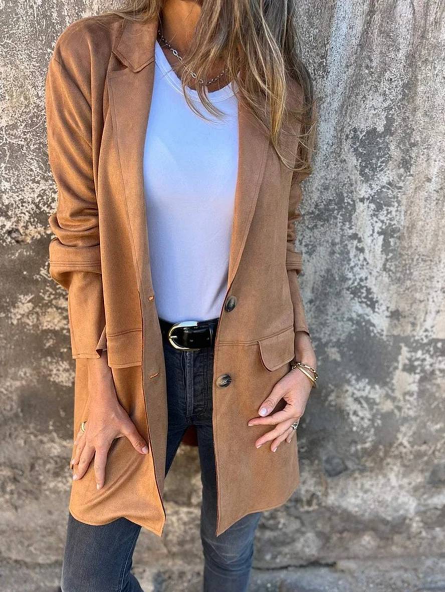 Cocolii mi-longue manteau suedine boutonnage col revers manches longues femme élégant décontracté mode veste
