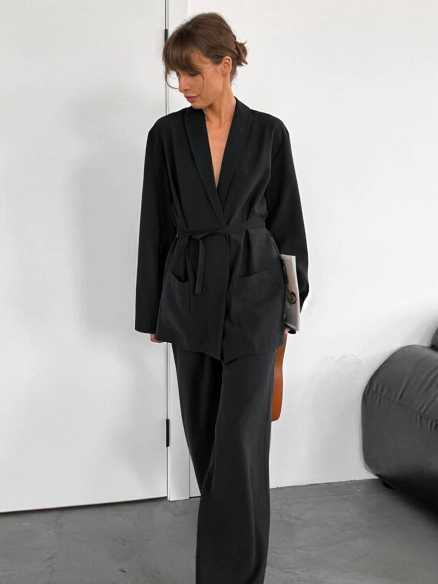 Cocolii ensembles avec pantalon v-cou ceinture poches blazer femme élégant décontracté deux pièces