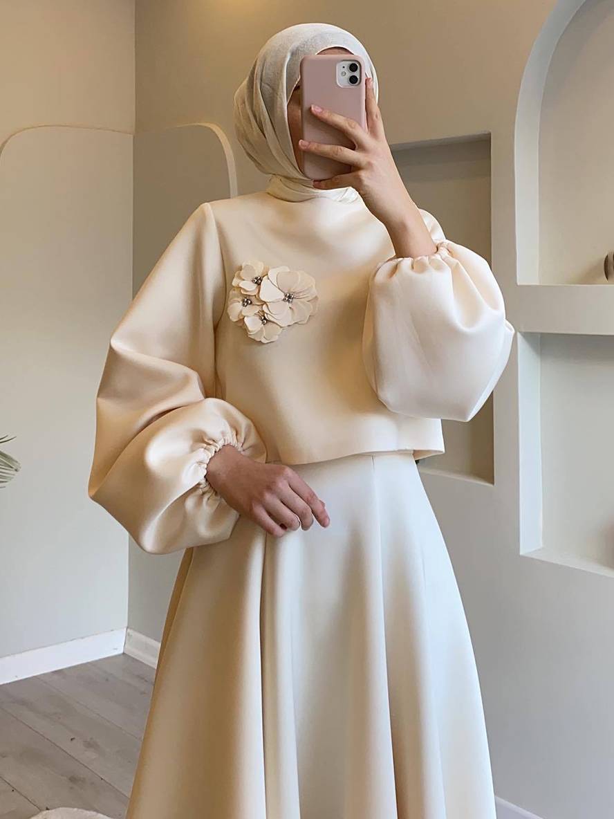 Cocolii ensemble élégant deux pièces pour femmes haut court à manches lanternes et jupe trapèze deux pièces robe