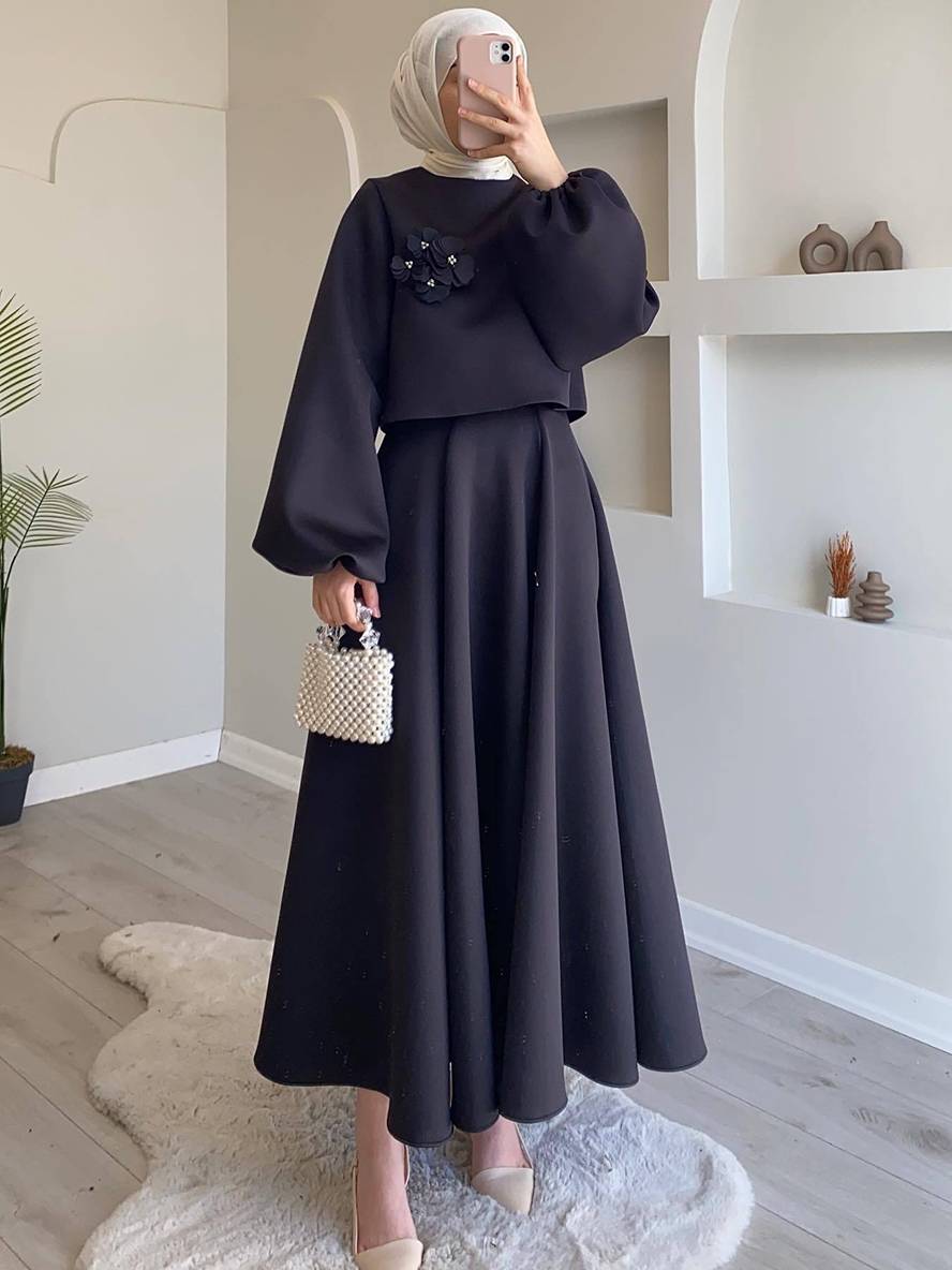 Cocolii ensemble élégant deux pièces pour femmes haut court à manches lanternes et jupe trapèze deux pièces robe