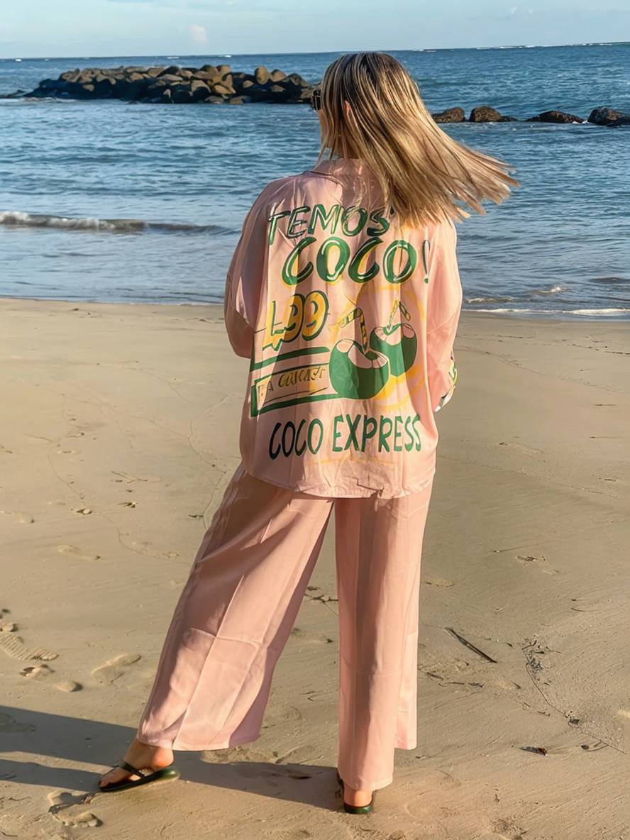 Cocolii tenue ensembles avec pantalon lettres motif col chemise manches longues femme style boyfriend décontracté deux pièces