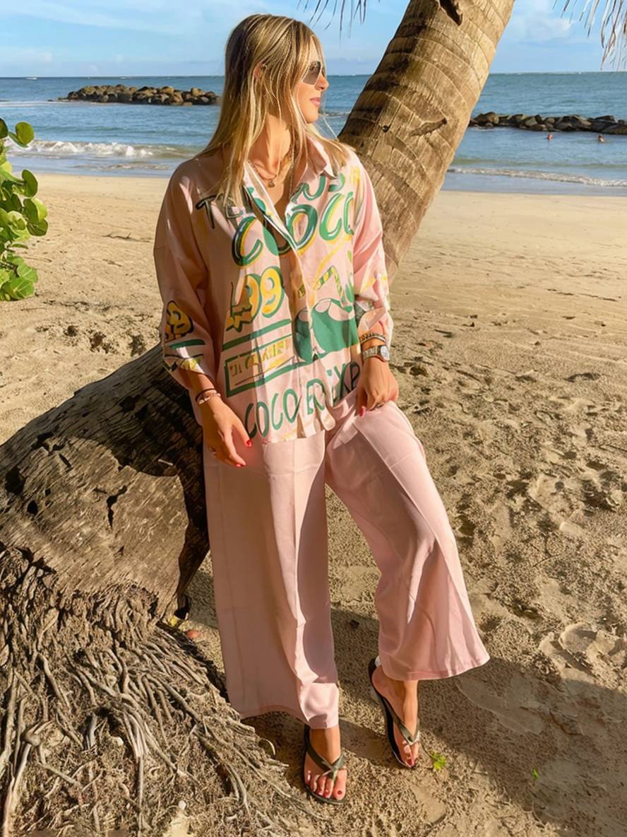 Cocolii tenue ensembles avec pantalon lettres motif col chemise manches longues femme style boyfriend décontracté deux pièces