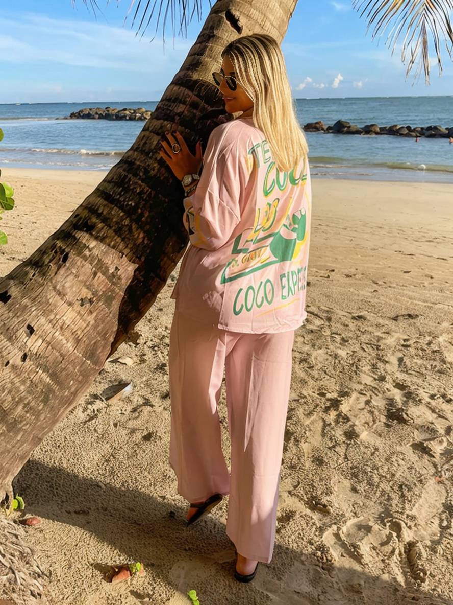 Cocolii tenue ensembles avec pantalon lettres motif col chemise manches longues femme style boyfriend décontracté deux pièces