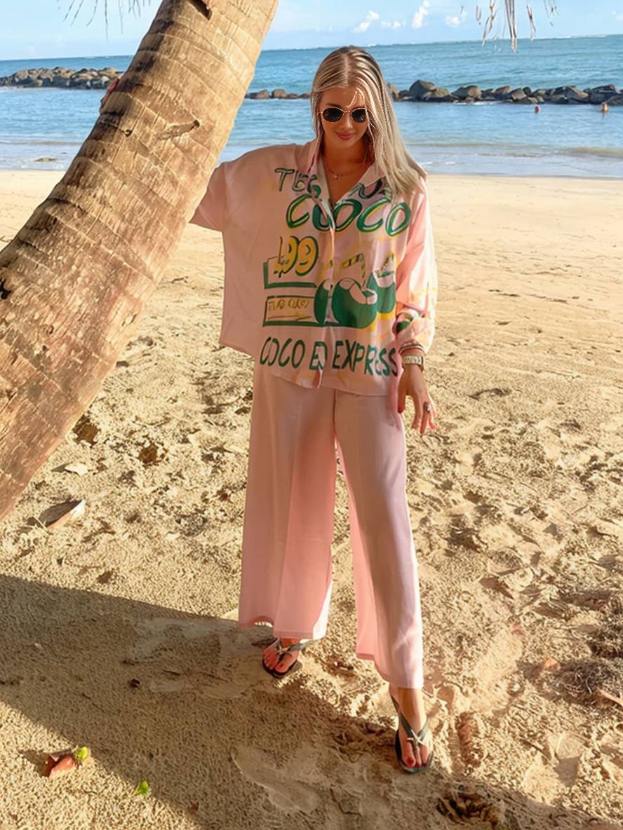 Cocolii tenue ensembles avec pantalon lettres motif col chemise manches longues femme style boyfriend décontracté deux pièces