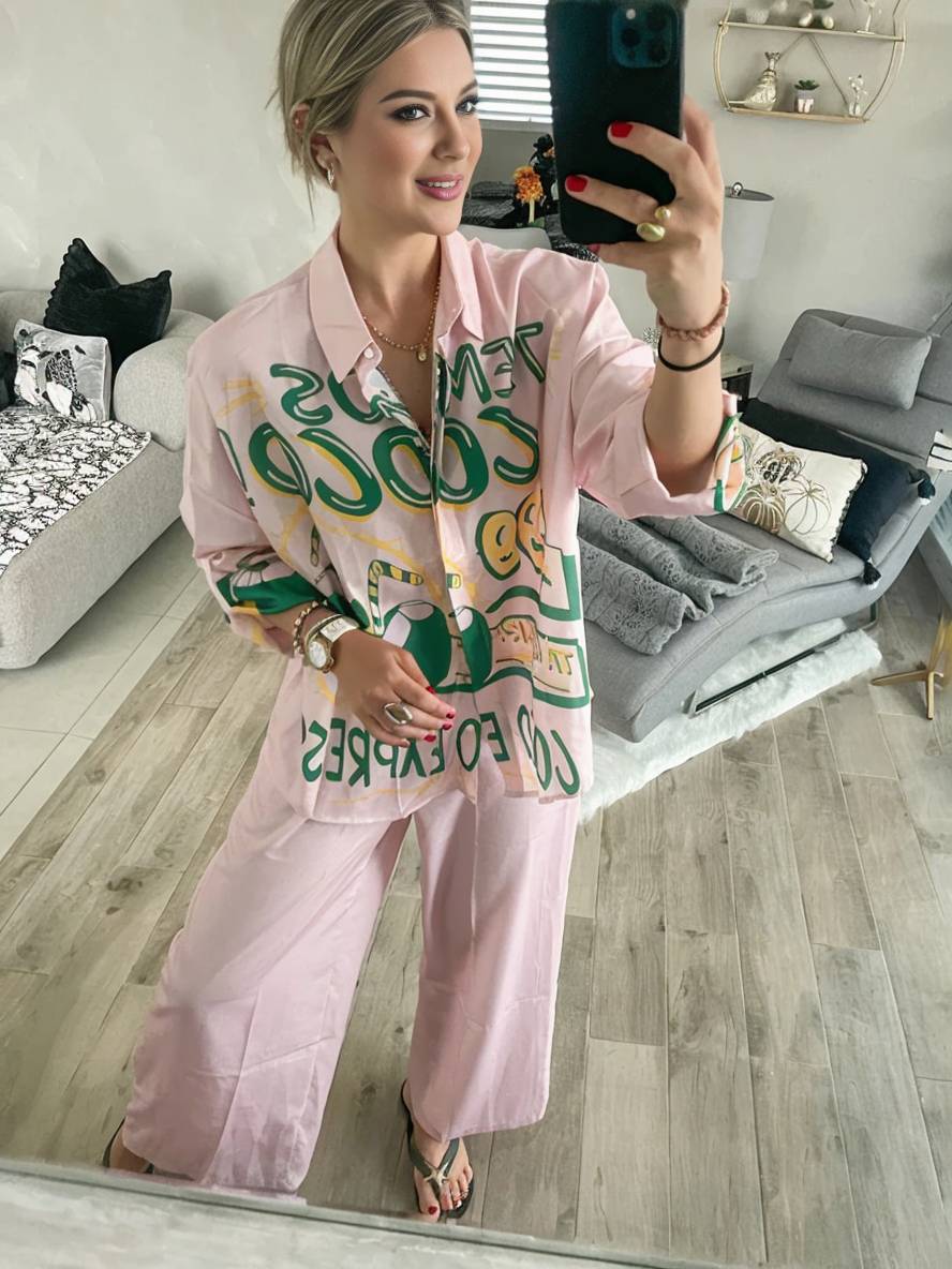 Cocolii tenue ensembles avec pantalon lettres motif col chemise manches longues femme style boyfriend décontracté deux pièces