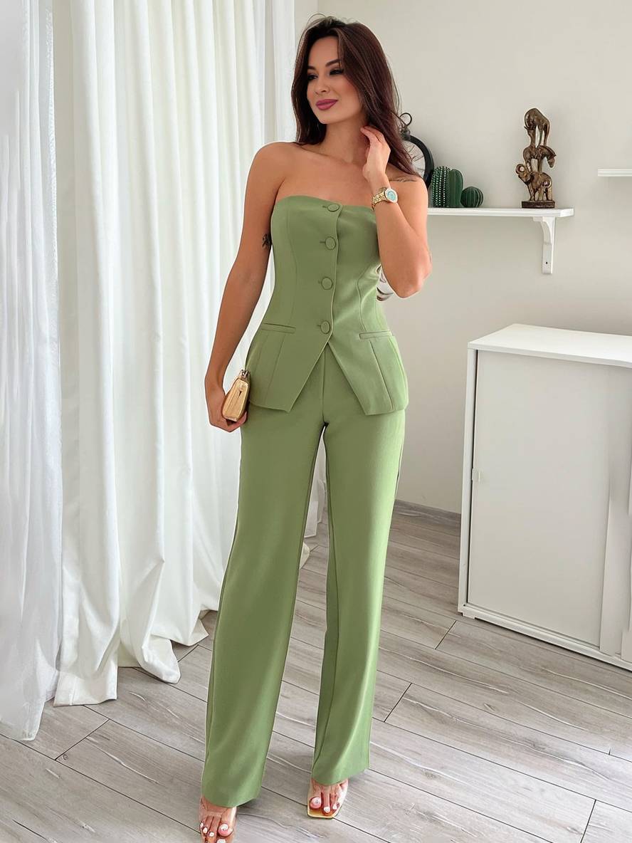Cocolii ensembles avec pantalon unicolore boutonnage bustier femme élégant style tailleur tenue mariage invité