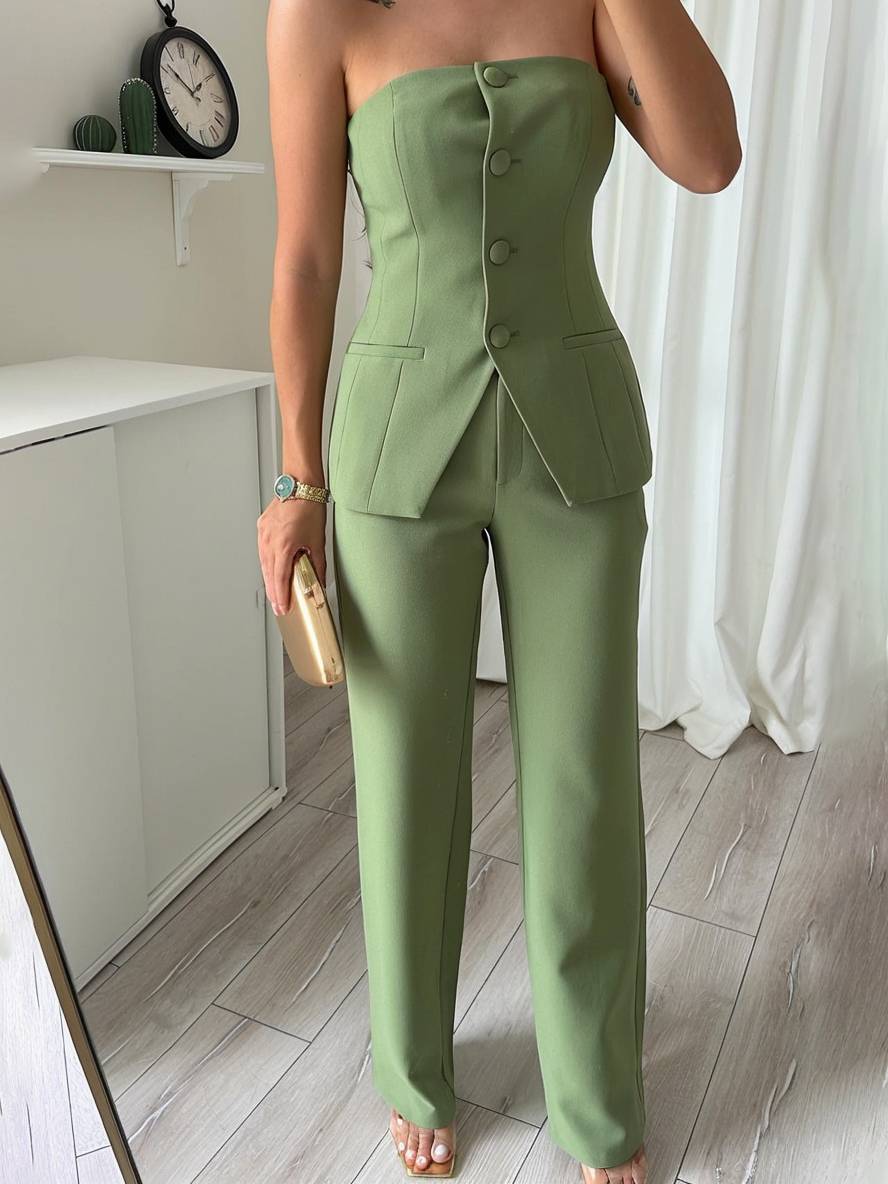 Cocolii ensembles avec pantalon unicolore boutonnage bustier femme élégant style tailleur tenue mariage invité