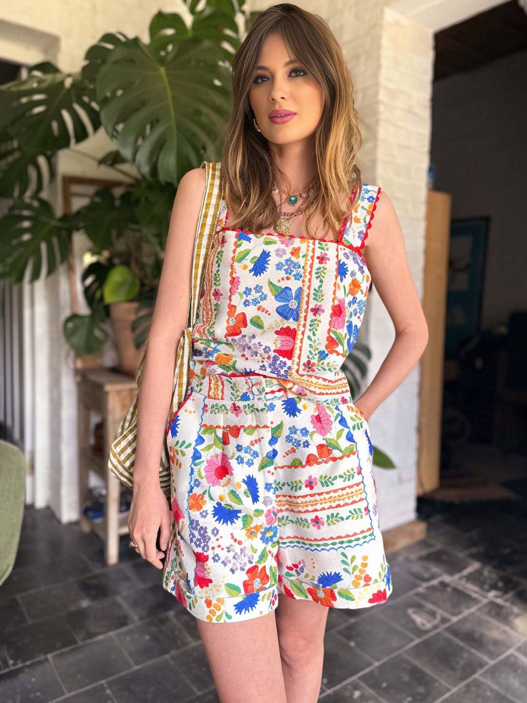 Cocolii ensemble deux pièces vintage imprimé pour vacances femme haut bretelle sans manches et avec poches short style vacances